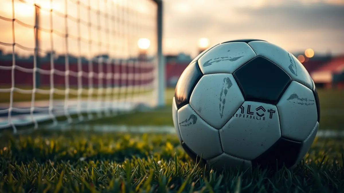 Generic image of a soccer ball on stadium grass, with a blurred goal net in the background.