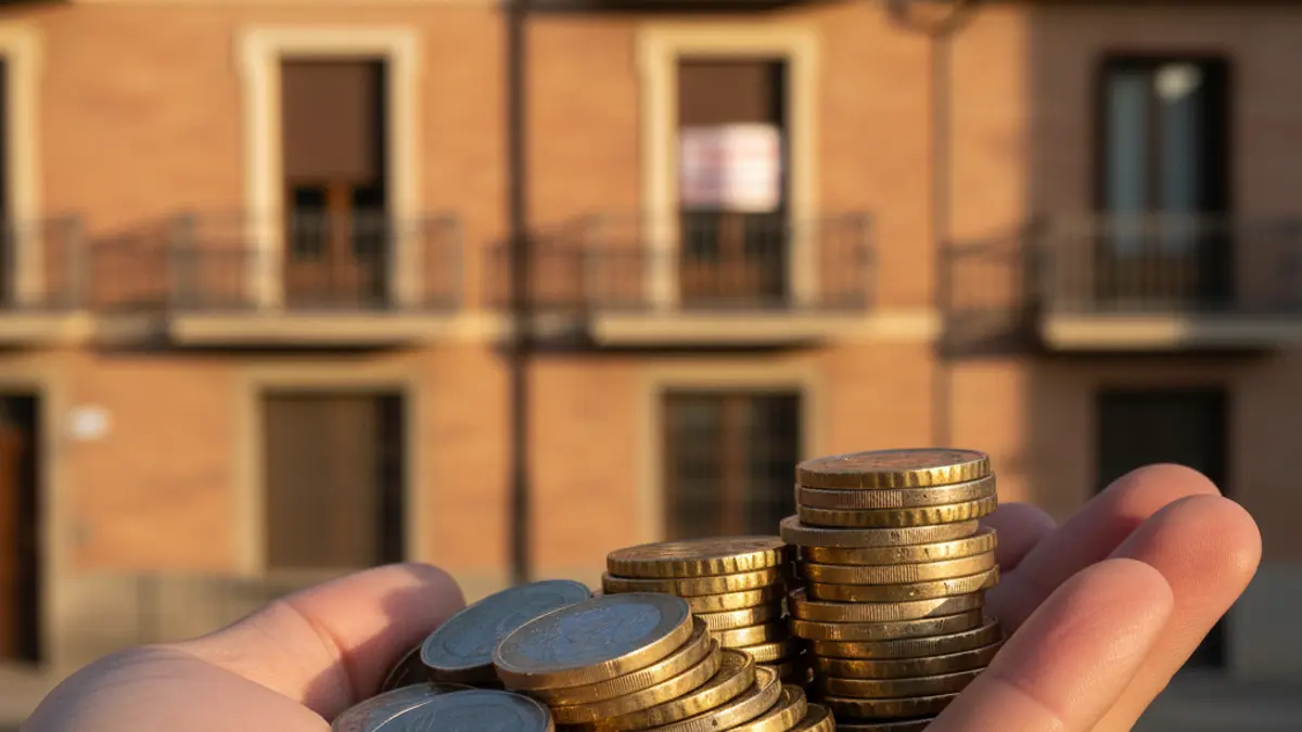 Imatge genèrica de monedes d'euro, amb edificis residencials desenfocats darrere, simbolitzant l'augment del preu del lloguer.