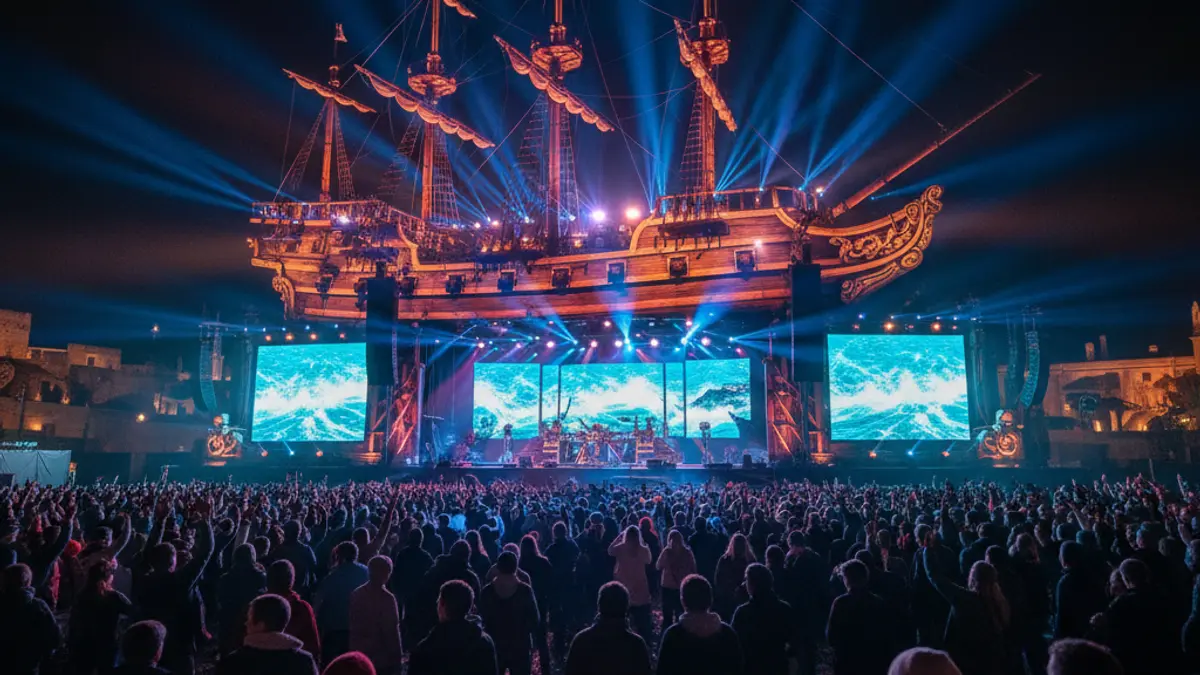 Image of a festival stage shaped like an illuminated pirate galleon, with an LED screen simulating waves and a blurred crowd.