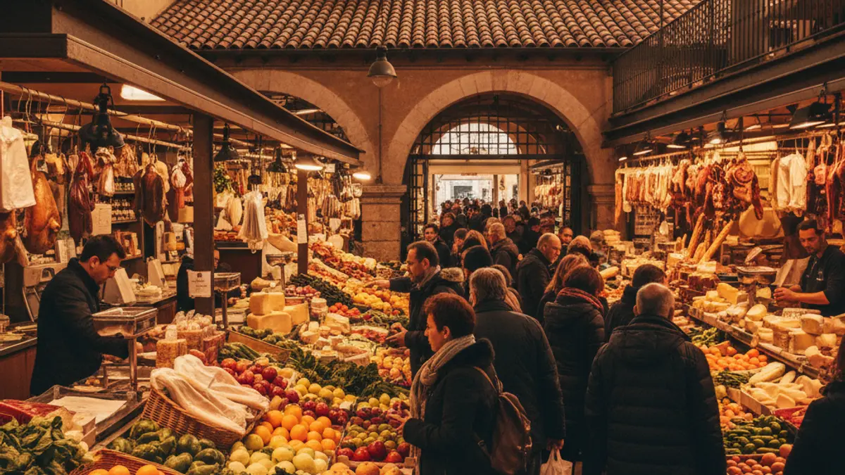 Generic image of a municipal market with activity and fresh produce.