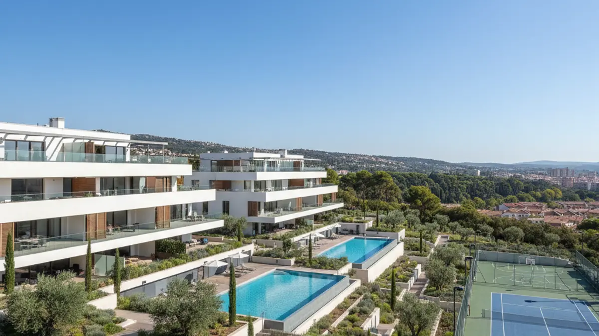 Generic image of modern residential developments with swimming pools and sports areas in a Mediterranean city.