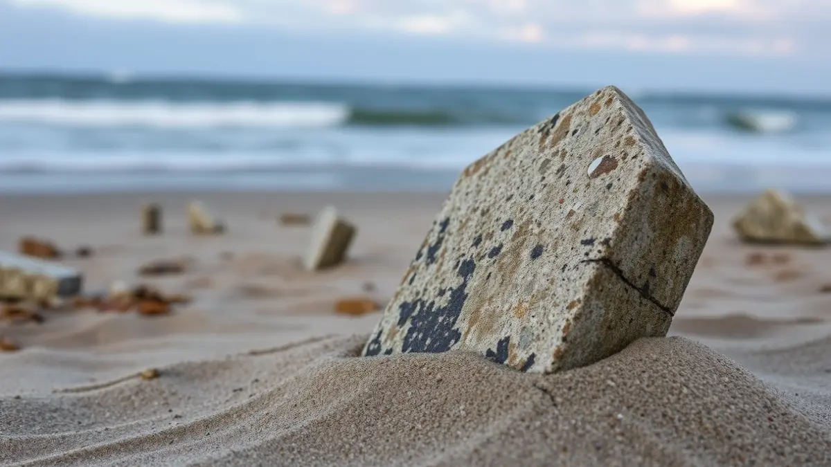 Image of a weathered stone monument fragment in beach sand, with blurred waves in the background.
