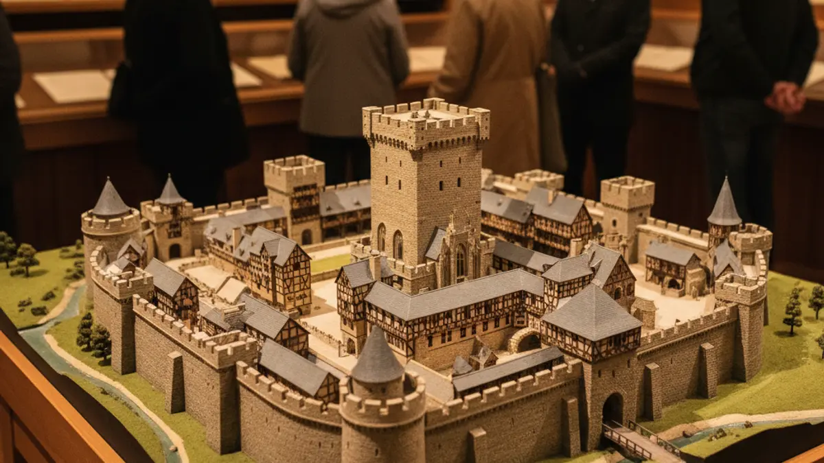 Maqueta detallada d'una fortalesa medieval amb una torre central, exposada en un museu.