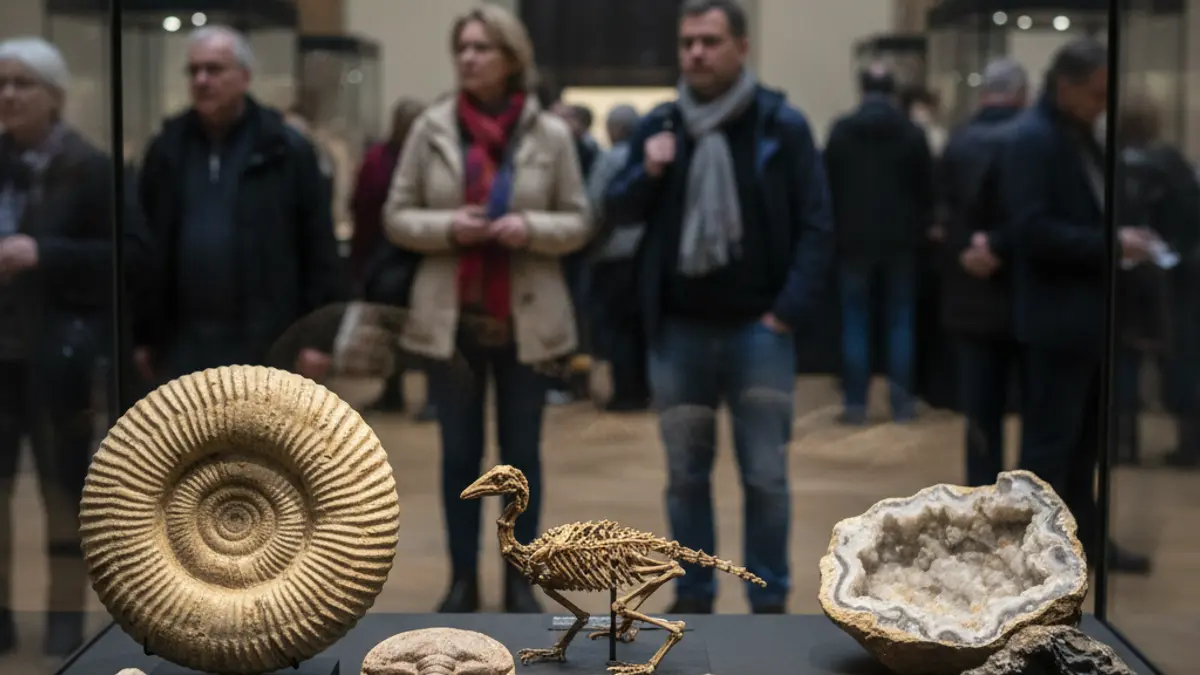Imatge genèrica de fòssils i mostres geològiques en una exposició de museu.