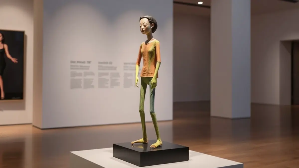Escultura contemporánea de papel maché, 'Espectador de espectadores', en un museo de arte moderno.
