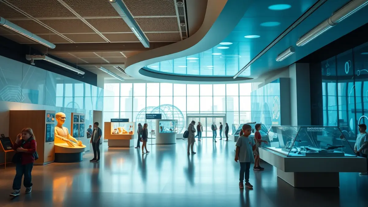 Imagen del interior de un museo moderno con exposiciones interactivas y niños participando en actividades científicas.