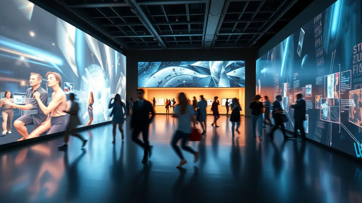 Imatge d'una exposició interactiva de dansa en un museu, amb llums dinàmiques i projeccions digitals.