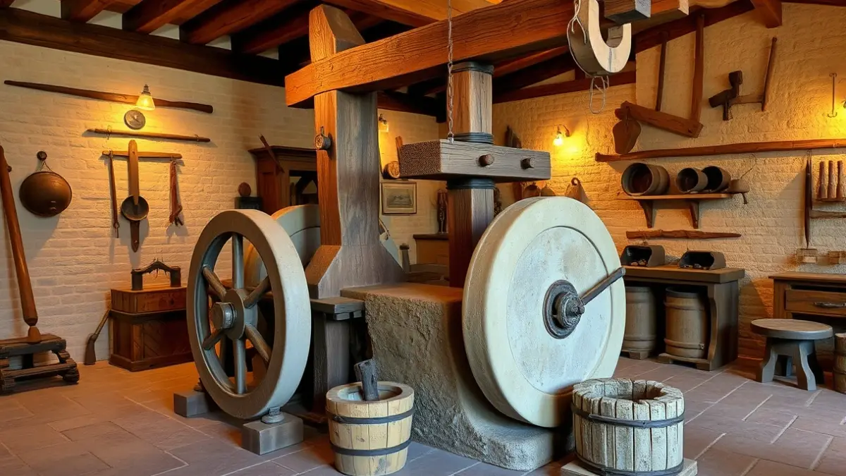 Image of an old olive oil press in a museum, with stone wheels and wooden beams.