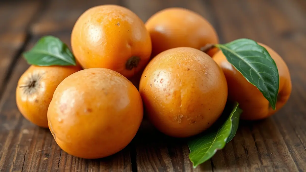 Generic image of ripe loquats on a wooden surface, with green leaves.
