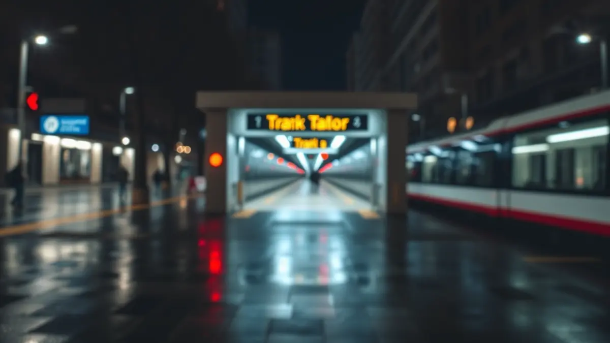 Imagen nocturna del entorno de una estación de tren moderna en una ciudad mediterránea, con luces borrosas y reflejos en el pavimento mojado.
