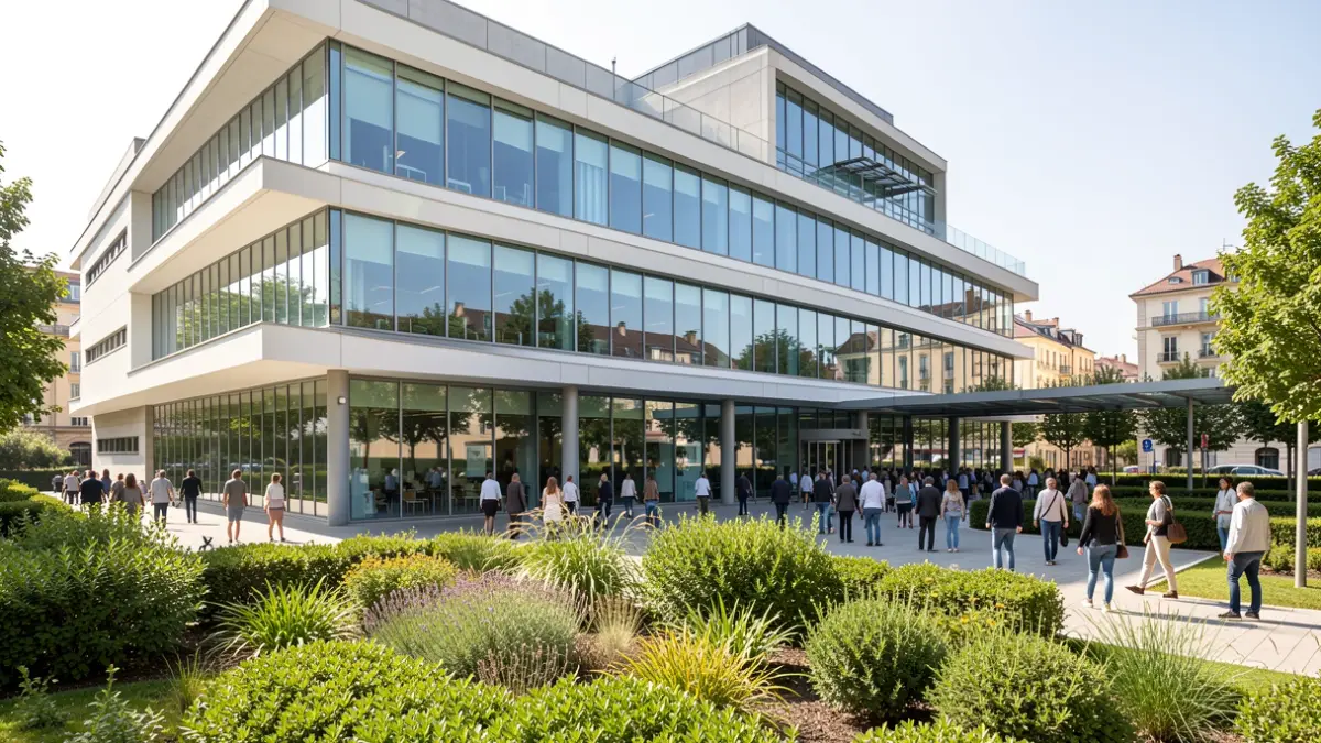 Imatge de la façana del nou hospital a València amb zones enjardinades.