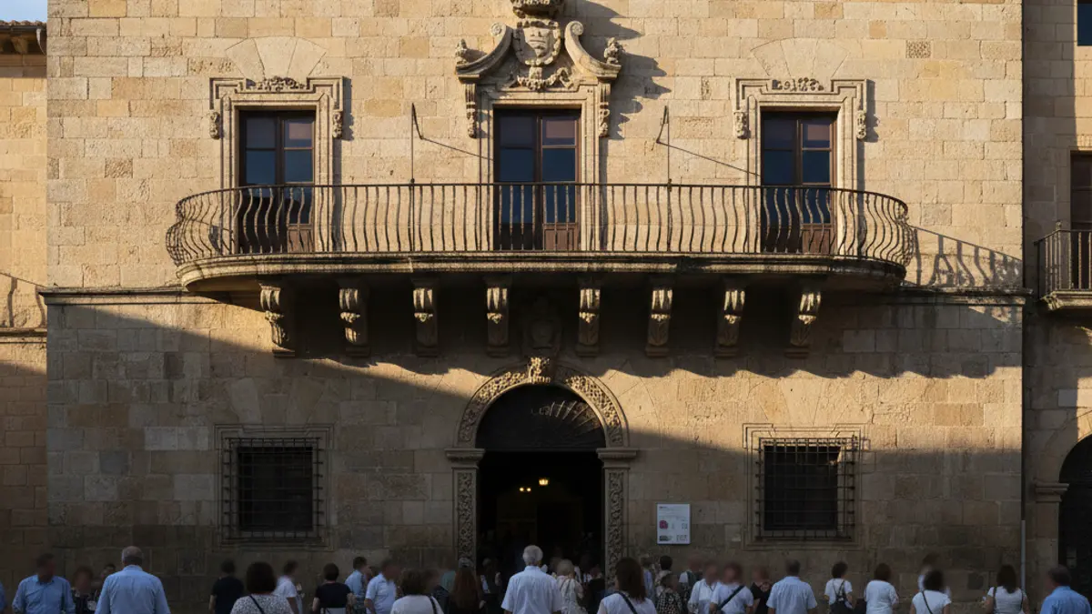 Façana d'un ajuntament de pedra amb balcó ornamentat, amb la llum del sol de la vesprada projectant ombres sobre les parets de gres, cel blau.