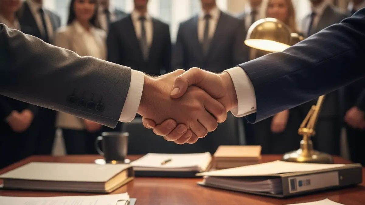 Generic image of a business agreement with two hands shaking over paperwork.