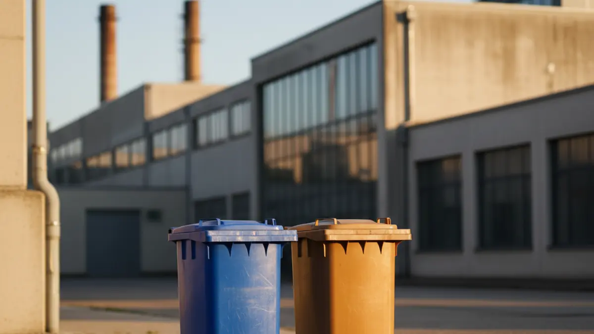 Imatge genèrica de contenidors de recollida selectiva per a plàstic i cartó en un polígon industrial.