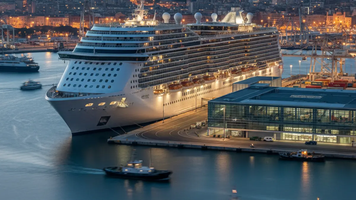 Image of a large cruise ship docked at Alicante port at dusk, with city lights in the background.