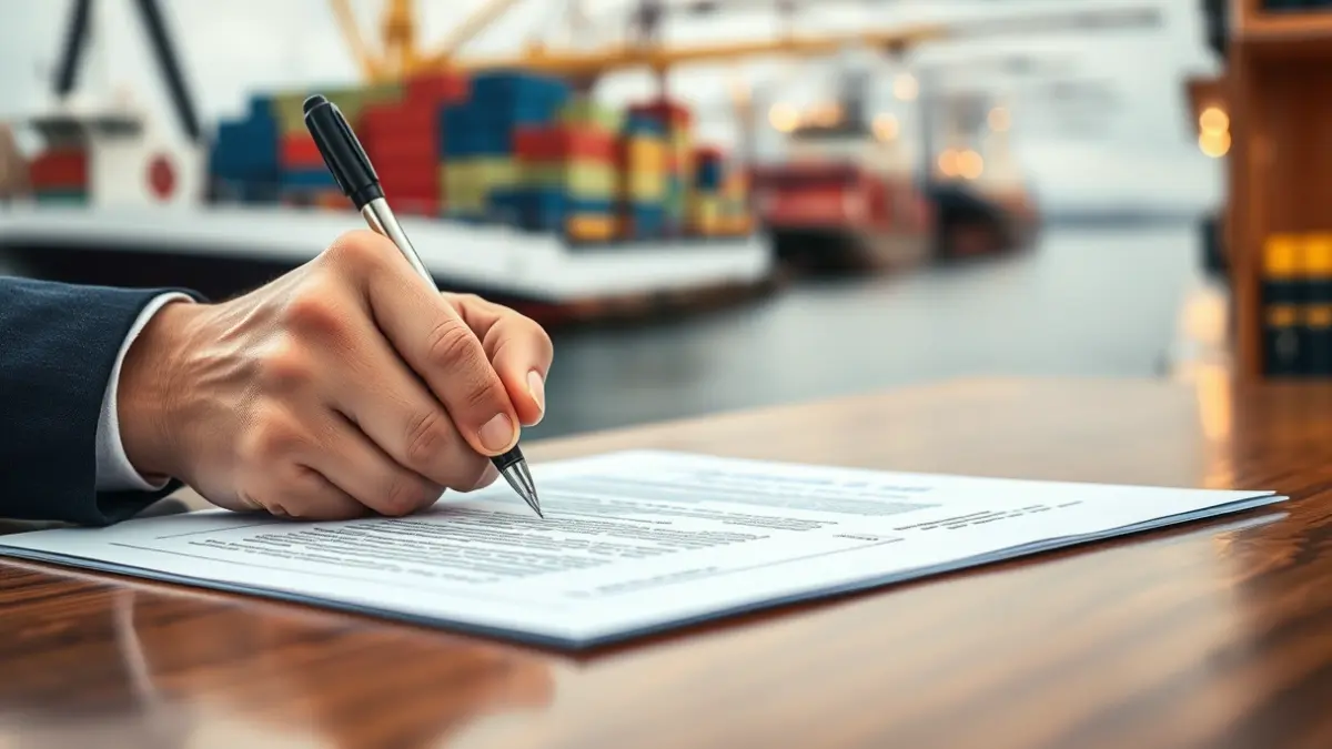 Generic image of a hand signing a document on a desk, with blurred maritime activity in the background.