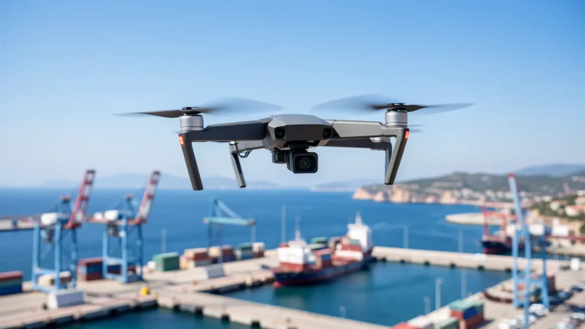 Imatge genèrica d'un dron sobrevolant un port modern.