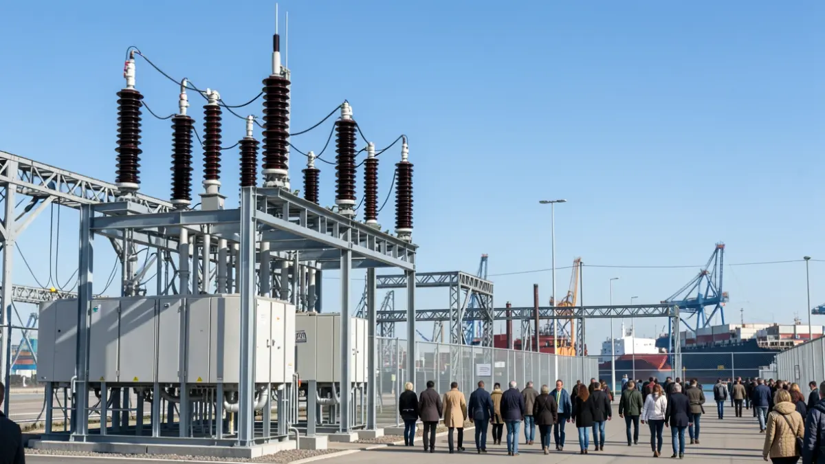 Generic image of an electrical substation in an industrial port setting.