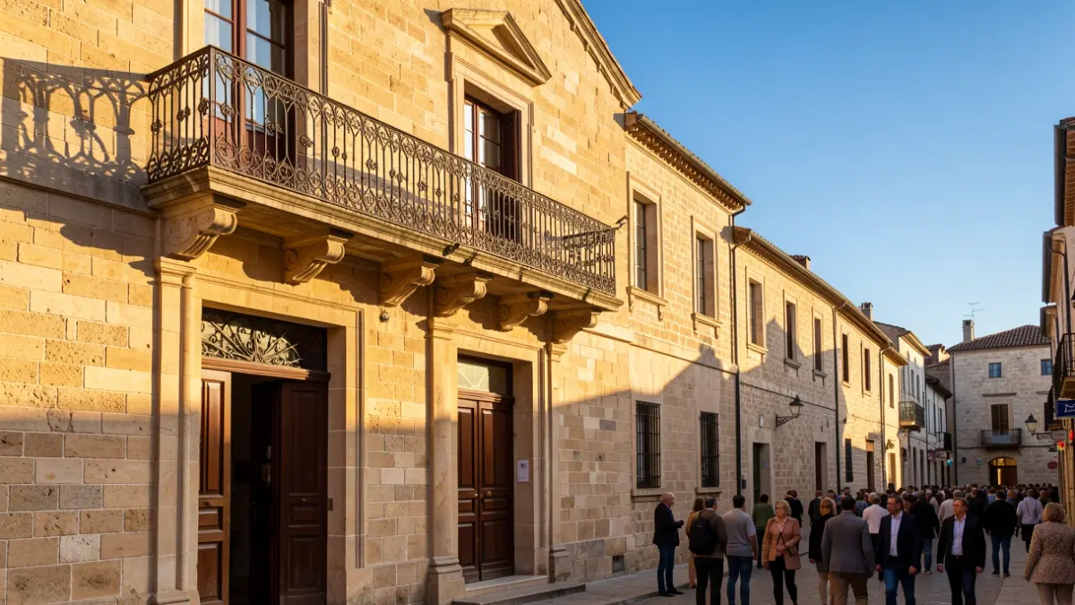 Imagen genérica de un edificio oficial con balcón de hierro y sol de tarde.