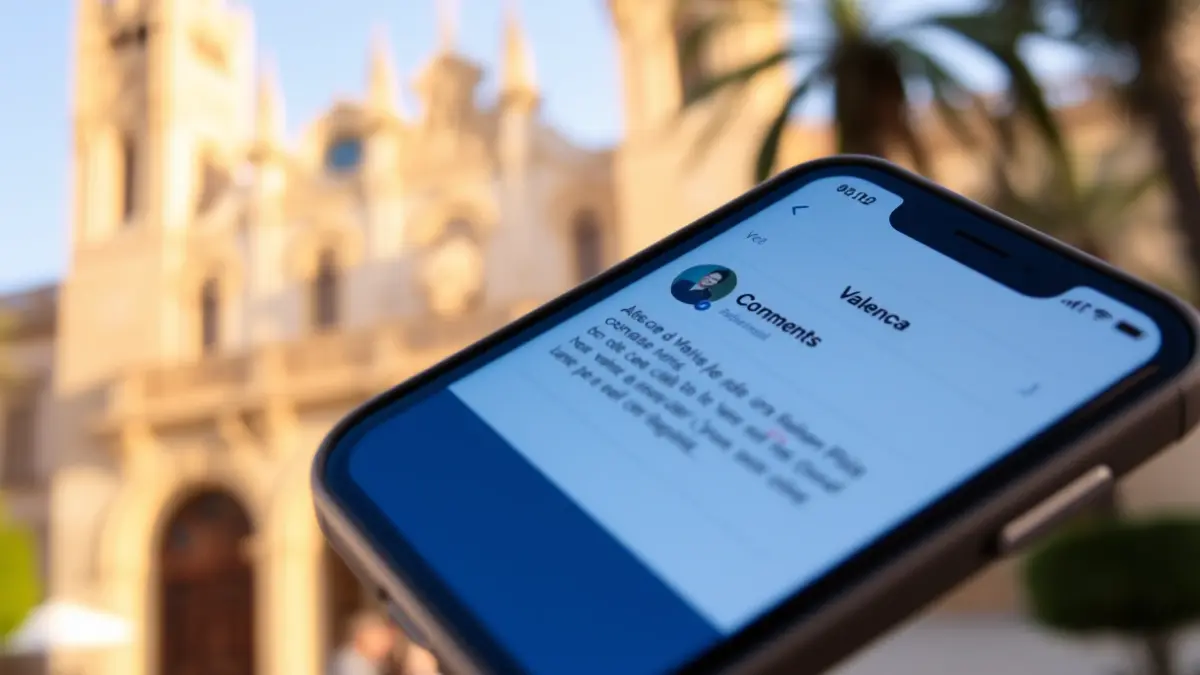Image of a mobile phone displaying a social media network with a limited comment section, with the town hall in the background.