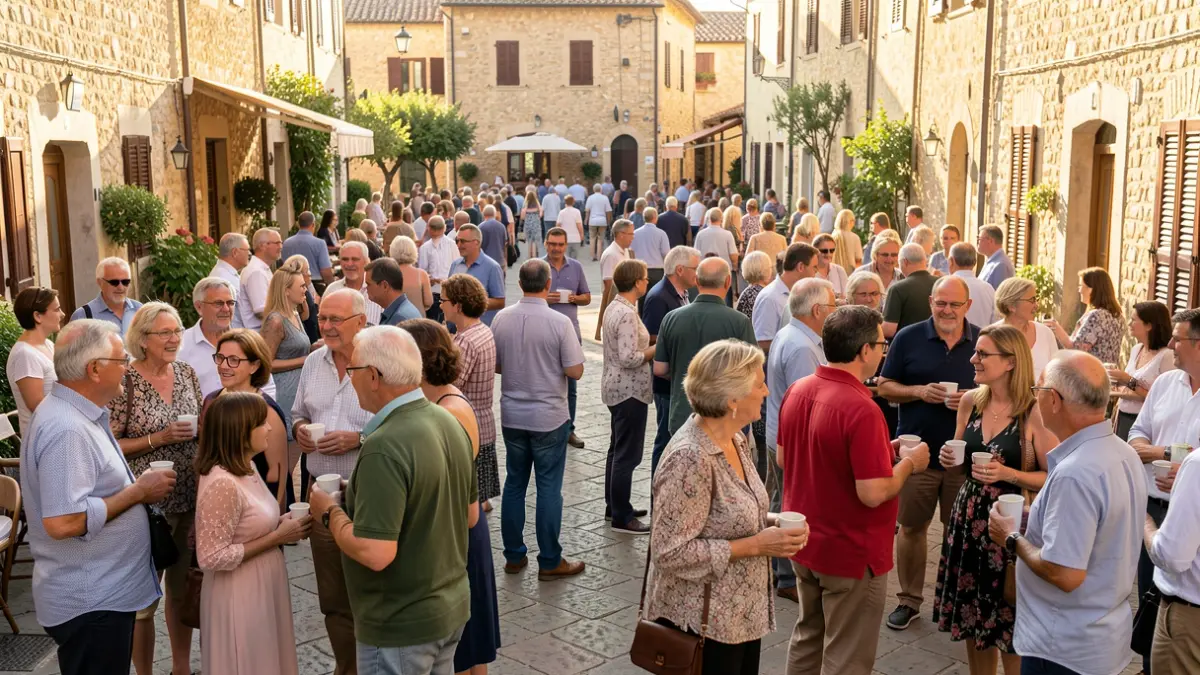 Generic image of a town square full of people on a sunny day.