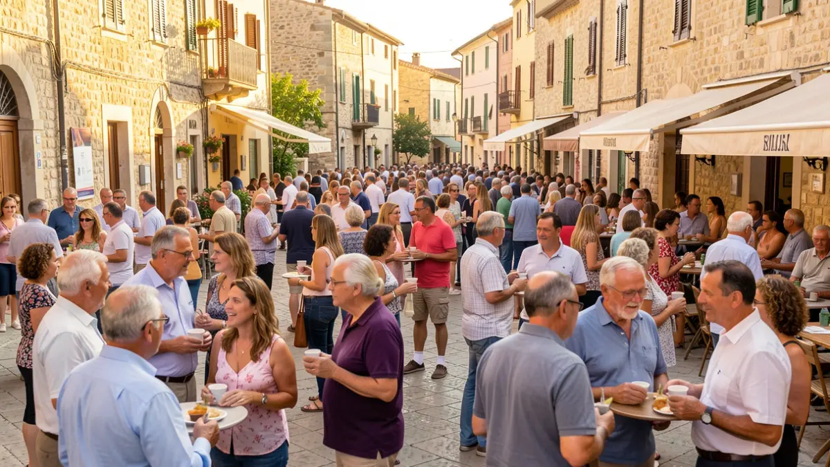 Imatge genèrica d'una plaça de poble mediterrani plena de gent en un ambient festiu.