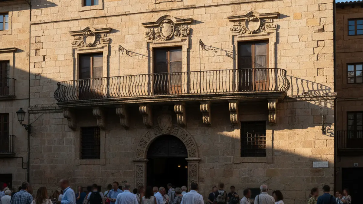 Stone town hall facade with ornate balcony, illuminated by afternoon sunlight.