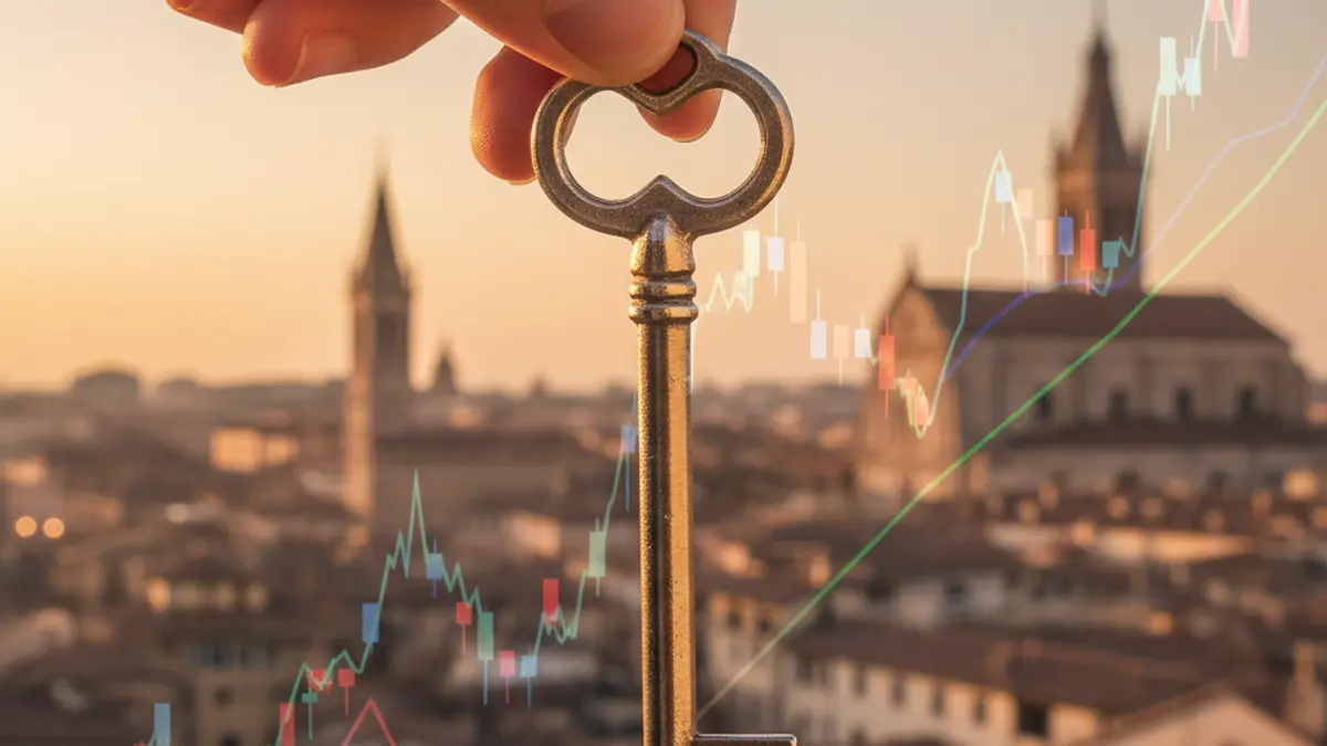 Generic image of a hand holding a house key, with blurred financial charts and a city skyline in the background, representing the housing market and rental prices.