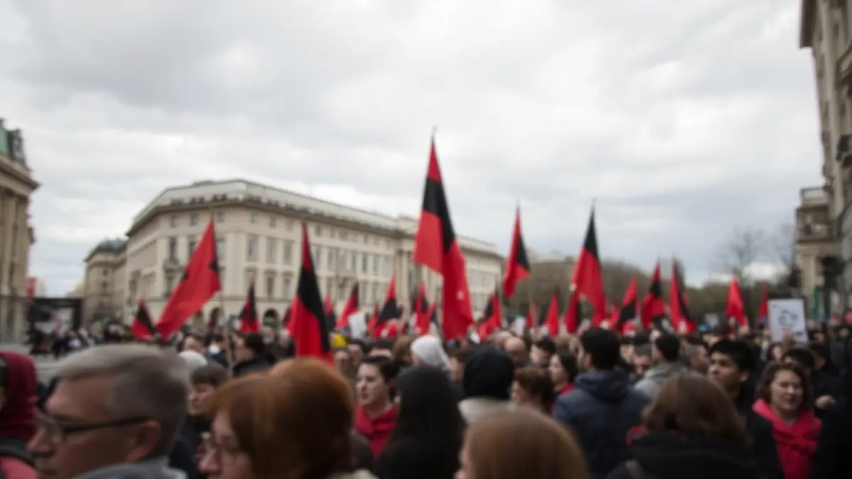Imatge genèrica d'una manifestació amb banderes roges i negres en un carrer de ciutat.