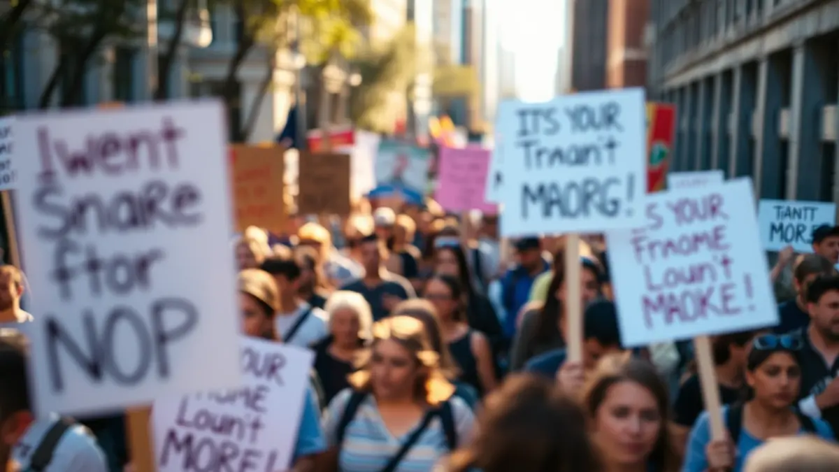 Generic image of a demonstration in a city street, with banners and people walking.