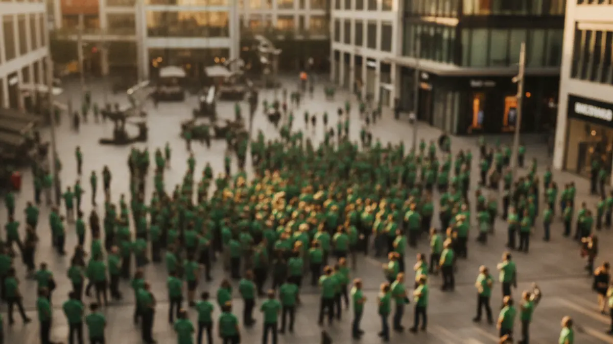 Imatge d'una multitud de docents vestits de verd en una protesta en l'exterior d'un centre comercial.