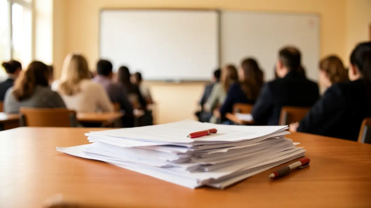 Generic image of a teacher's desk with papers and a red pen in a classroom.