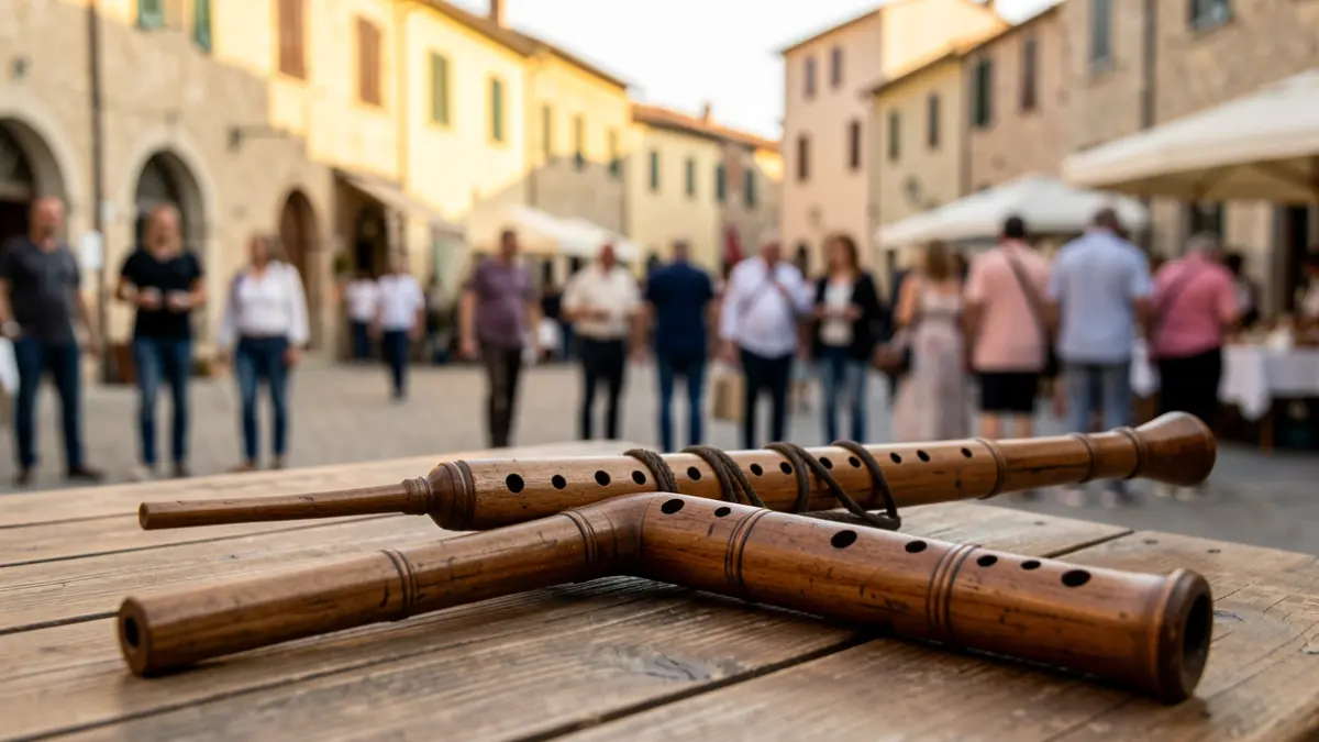Imatge d'una dolçaina tradicional sobre una taula de fusta en un entorn cultural.