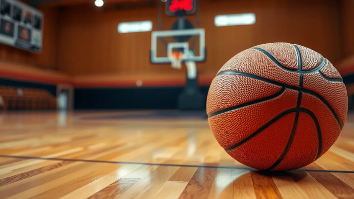 Imagen genérica de un balón de baloncesto en una cancha de madera, con el aro desenfocado al fondo.