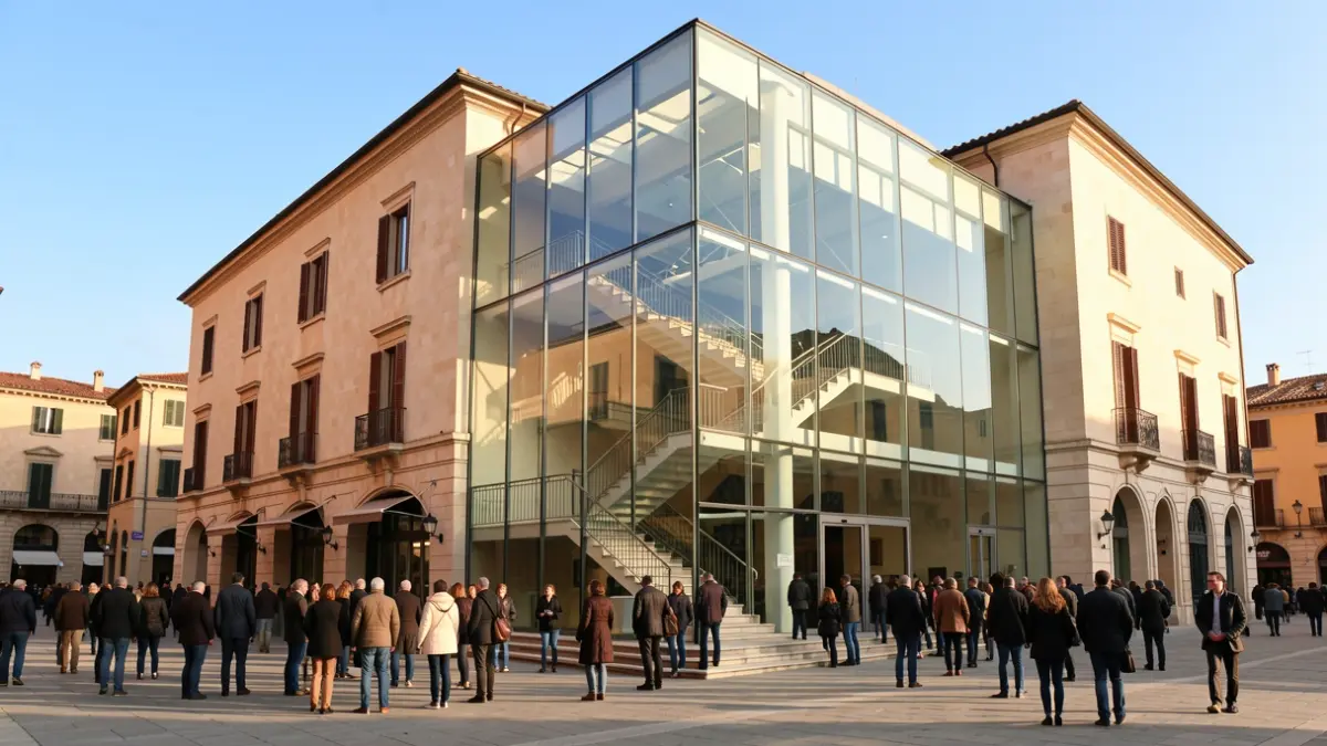 Imatge genèrica d'un teatre modern amb un vestíbul transparent i escala oberta.