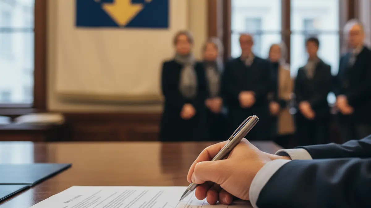 Generic image of a blurred political party logo and a hand signing a document, suggesting a disciplinary decision.