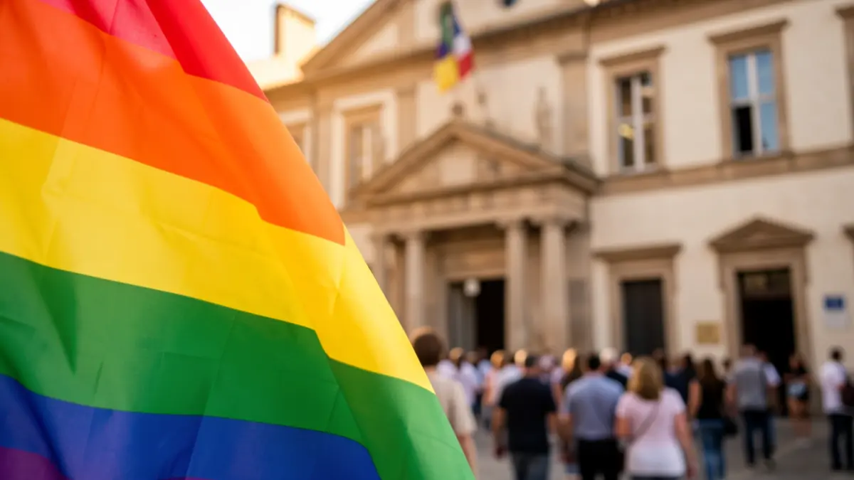 Imagen genérica de una bandera LGTBI delante de un edificio oficial.
