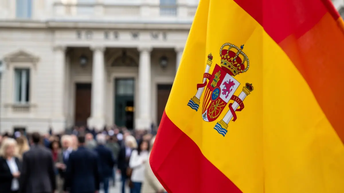 Generic image of regional politics with a Spanish flag and a blurred official building.