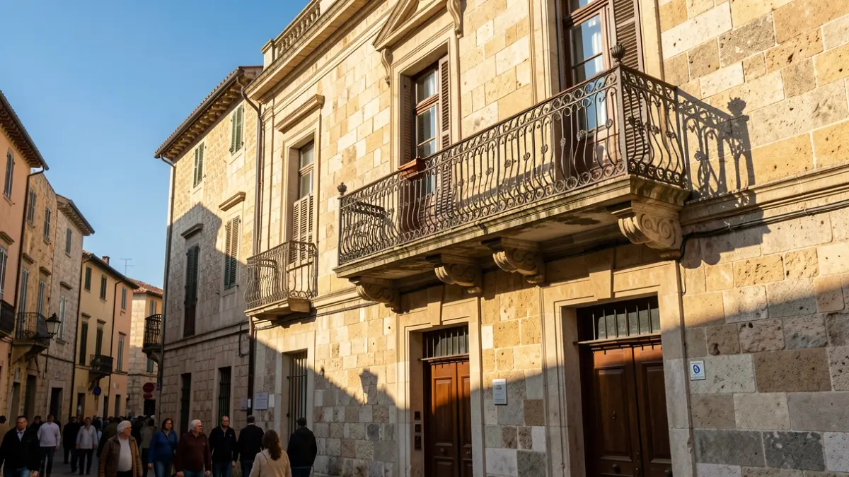 Façana d'un ajuntament mediterrani amb balcó de ferro forjat, llum de vesprada.