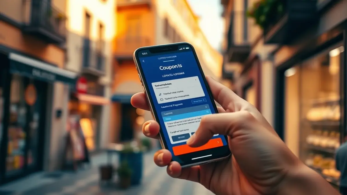 Imagen genérica de una mano utilizando una aplicación móvil para descuentos en un entorno comercial local.