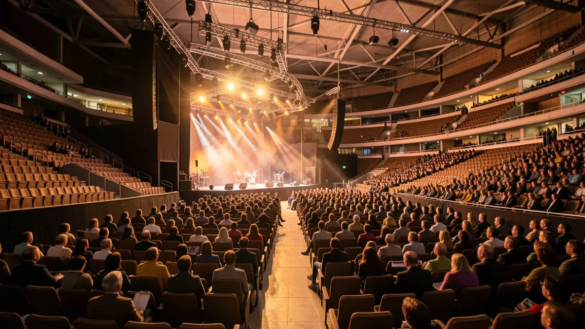 Imagen genérica del interior de un gran recinto de eventos con iluminación de escenario.