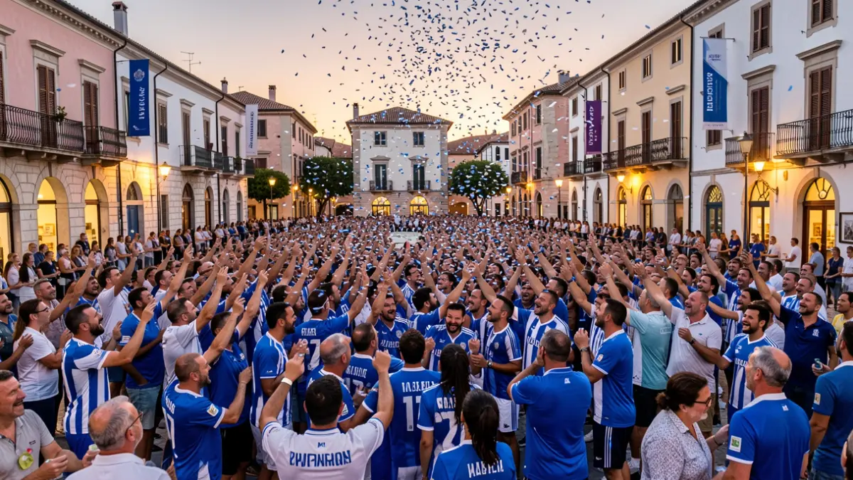 Imagen genérica de una celebración deportiva con aficionados vestidos de azul y blanco.
