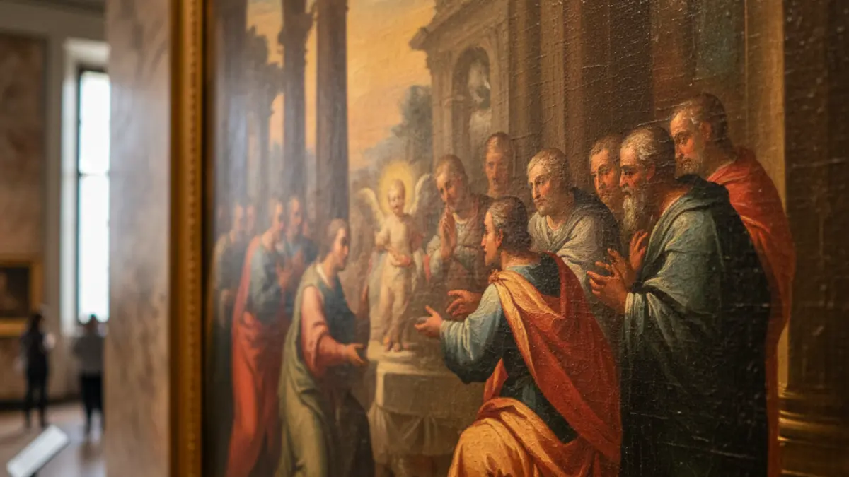 Imagen de una pintura antigua restaurada, con detalles de pinceladas y colores cálidos, expuesta en un museo.