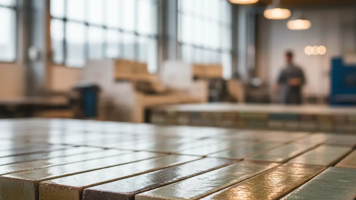 Imagen genérica de azulejos cerámicos apilados en una fábrica, con luz cálida industrial.