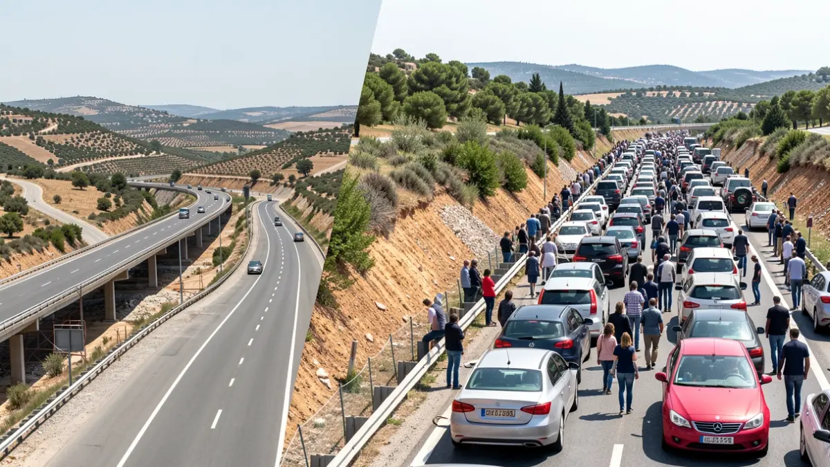 Imagen genérica de carreteras con obras y tráfico congestionado.