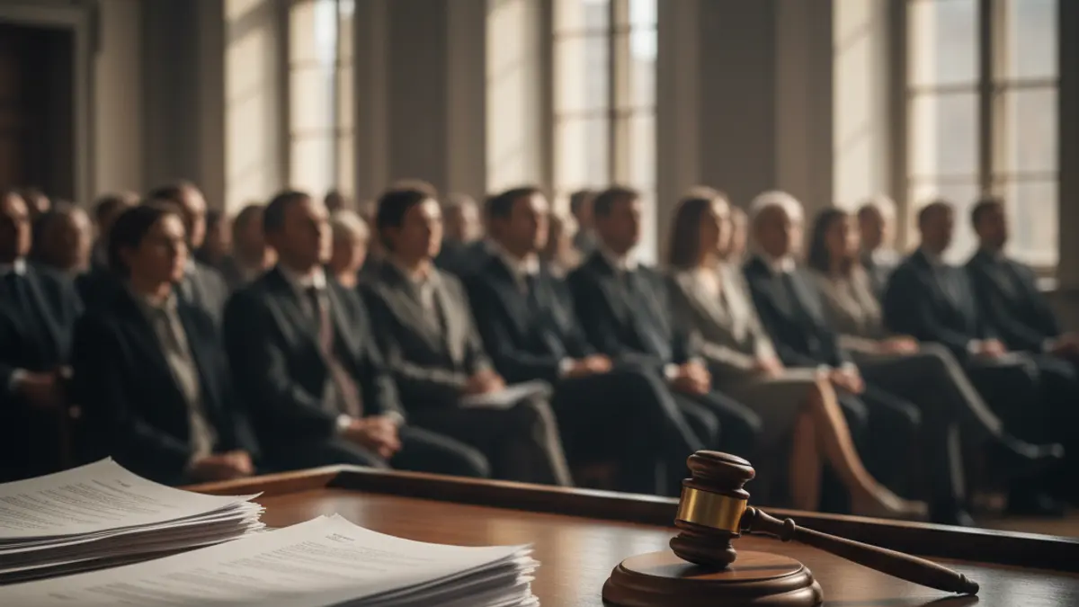 Imagen genérica de documentos legales y un mazo de juez sobre un escritorio de madera, sugiriendo un procedimiento judicial.