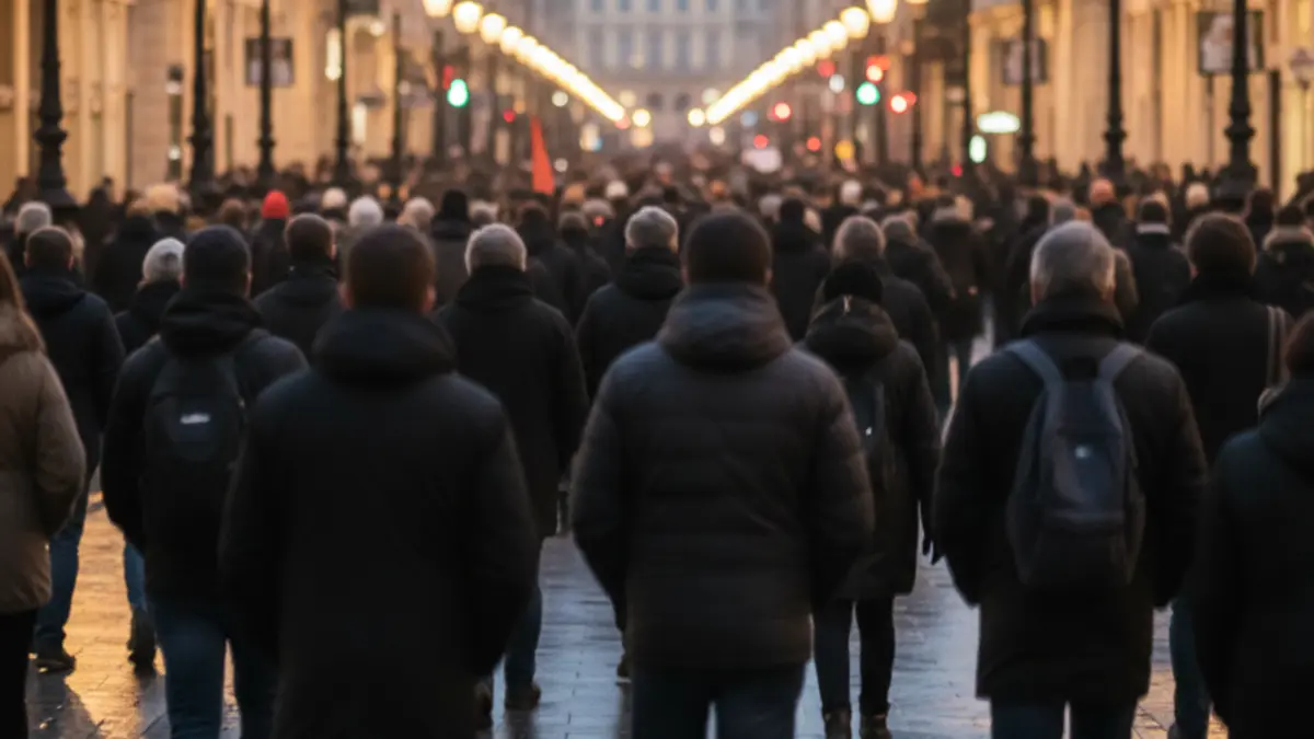 Imatge genèrica d'una manifestació en un carrer de ciutat al capvespre, amb gent caminant i pancartes borroses.