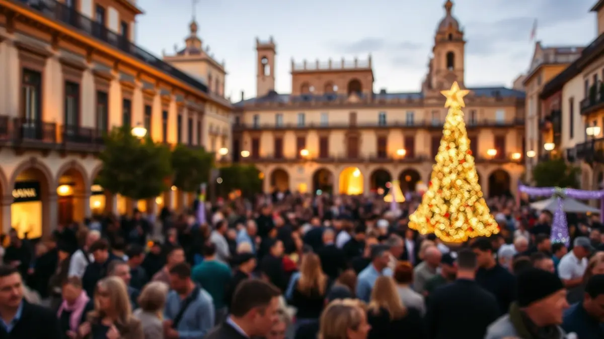 Image of Valencia's Plaza de la Virgen during a celebration, with people and historic buildings.