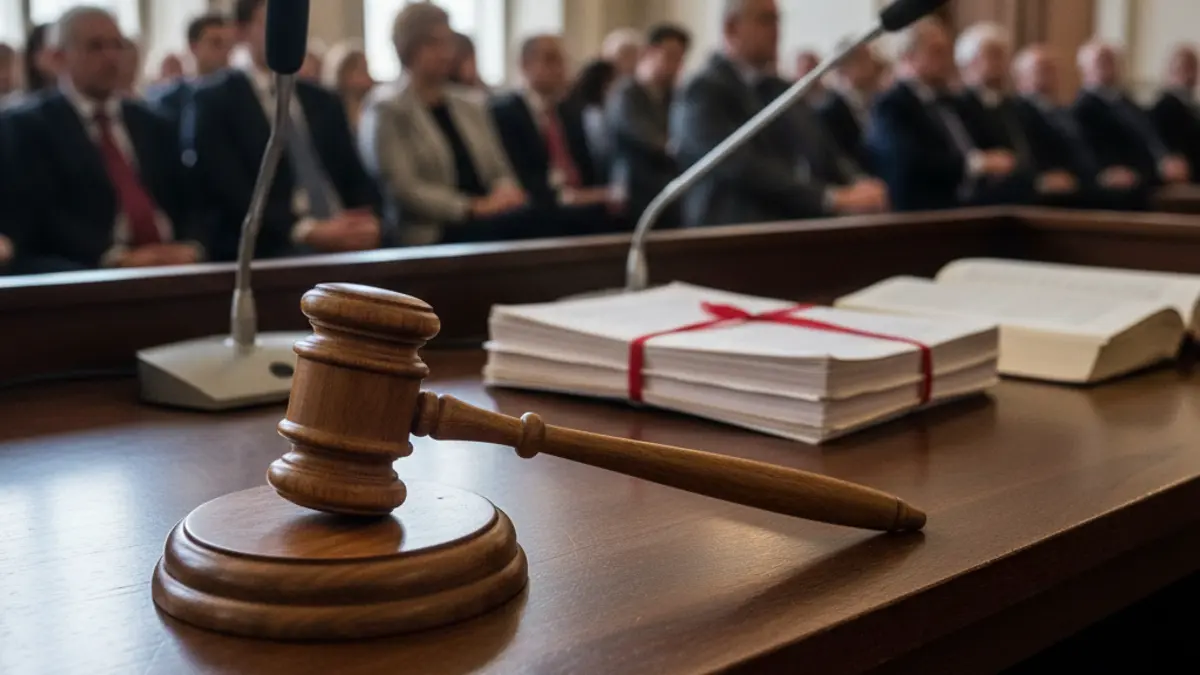 Imatge genèrica d'un martell de jutge sobre una taula de fusta en un tribunal, amb documents legals desenfocats al fons.