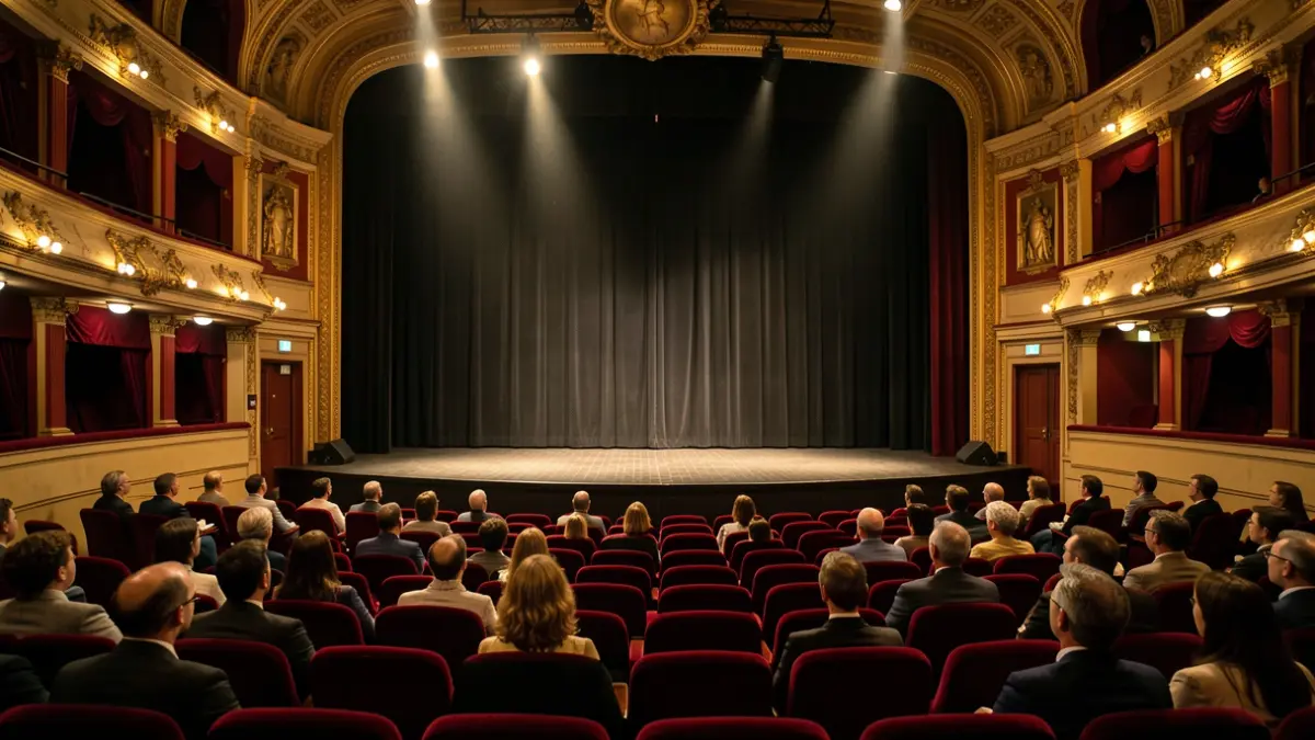 Imagen genérica de un escenario de teatro vacío con luces.